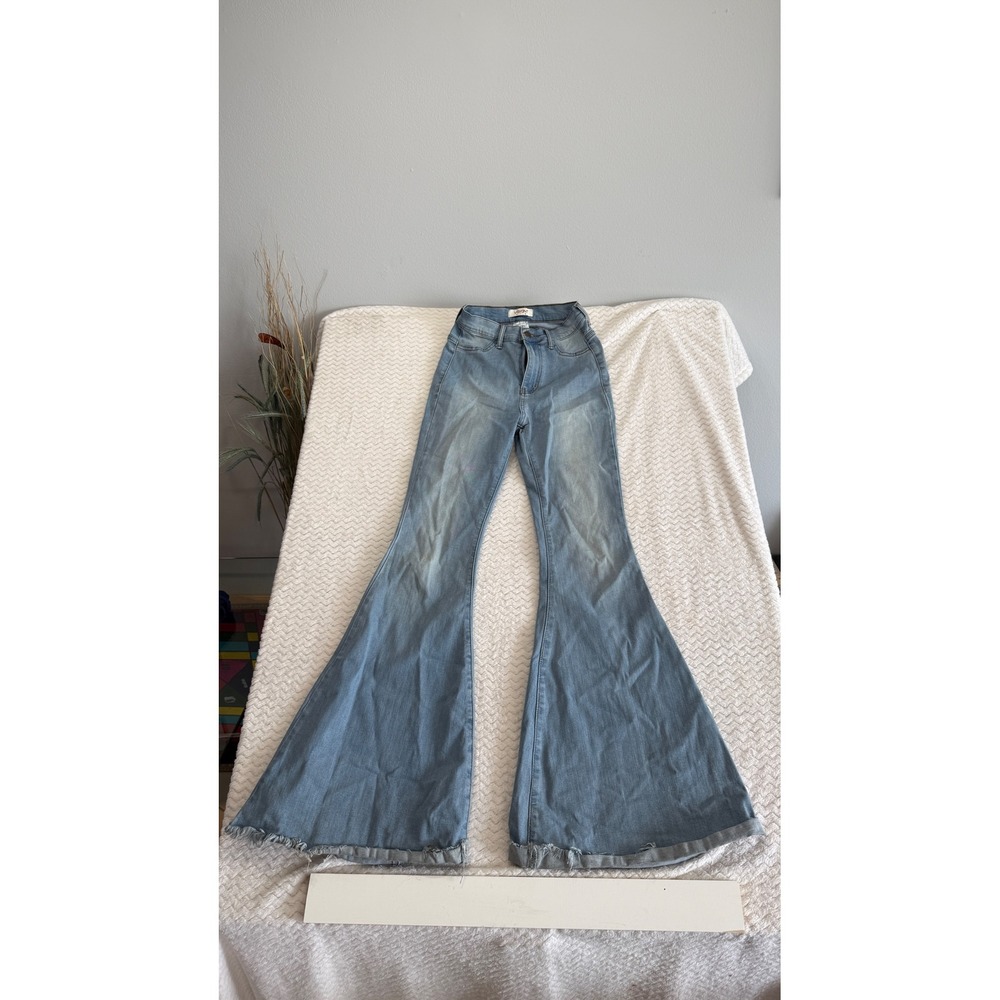 Vibrant MIU Womens Size 5 W26 Light Wash High Rise Raw Hem Bell Bottom Jeans